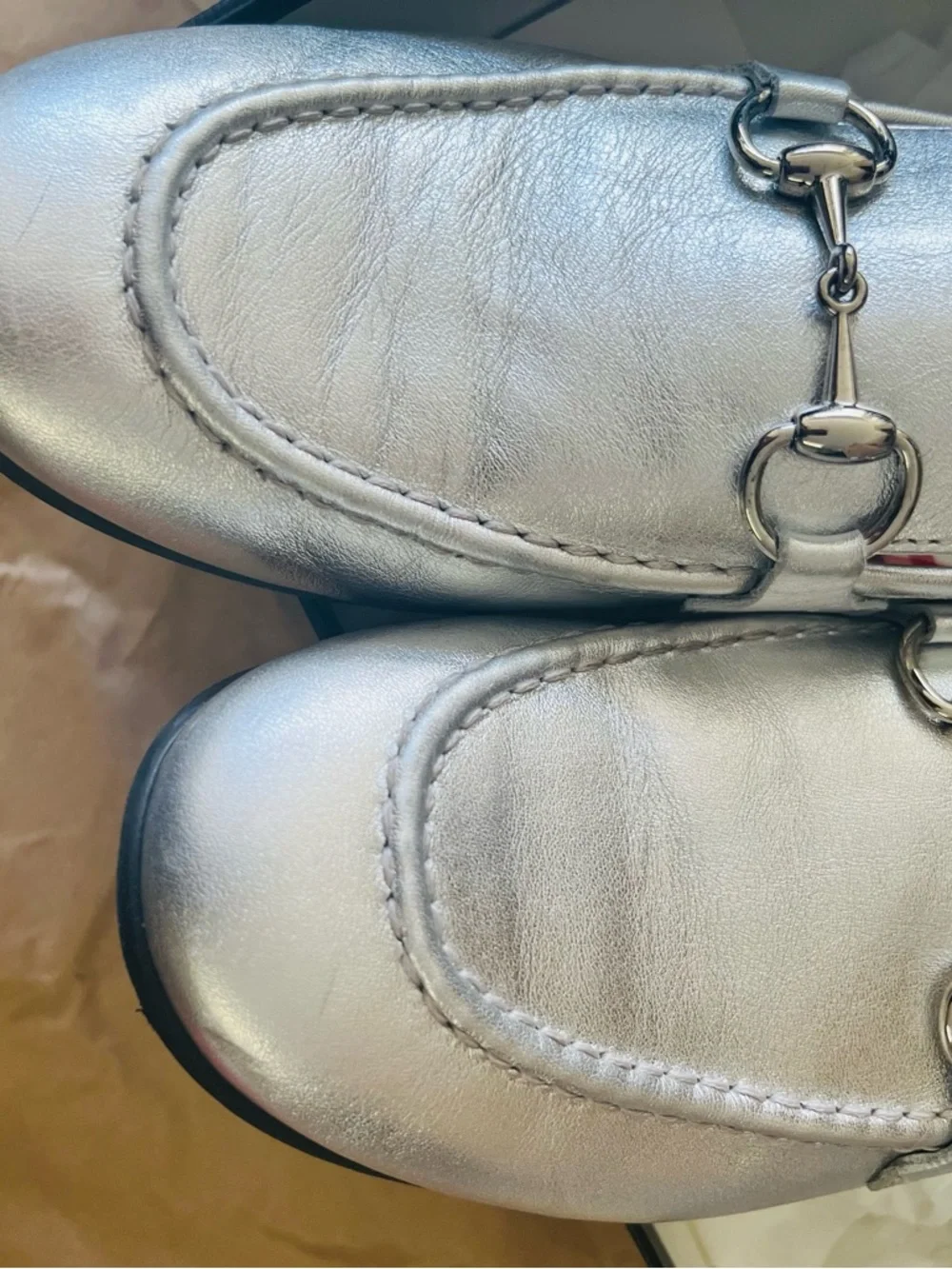 Gucci Silver Metallic Kids Horsebit Loafers